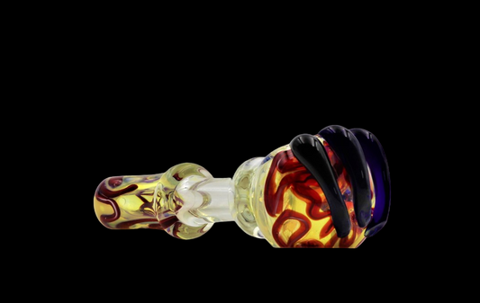 SILVER FUMED HAND PIPE WITH RING STEM AND COLOR DOTS 5 INCH BLUE AND RED